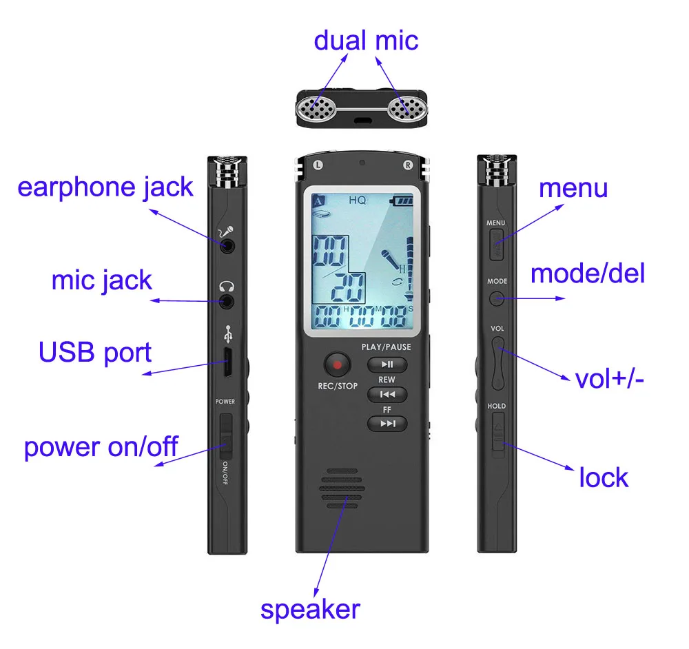DN006 Escytegr 8G/16G/32G профессиональный аудио Диктофон MP3 плеер двойной микрофон USB флэш