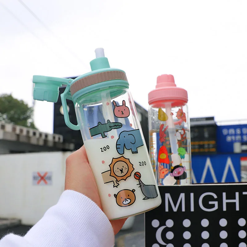 

500ml Creative Cartoon Pattern Children's Water Cup Glass Water Bottle with Straw Portable Milk Juice Bottle Korean Style