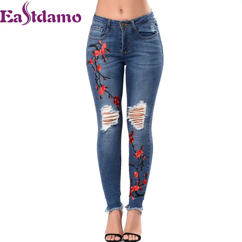 Eastdamo Women Embroidery Jeans Sexy Hole Ripped Washed Skinny Blue