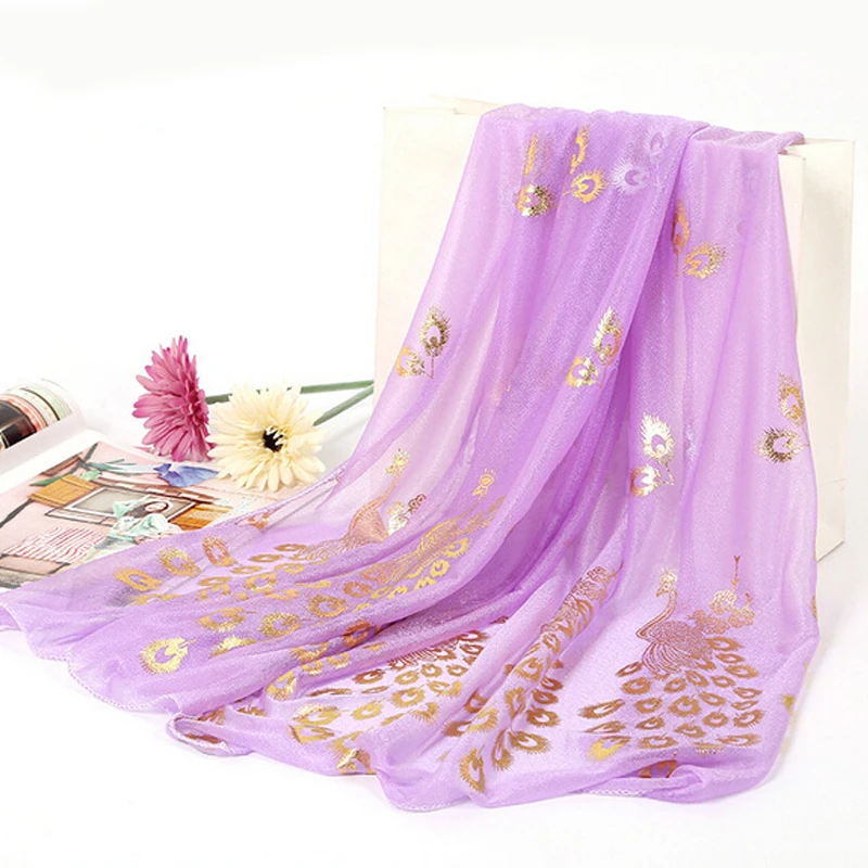 

Women Chiffon Embroidery Peacock Gild Crinkle Hijab Shawl Scarves Summer Sunscreen Organza Wrap Cover Hand Neck Beach Scarf