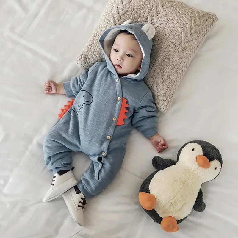 

Baby Rompers Winter Warm Plus Velvet Thickening Longsleeve Dinosaur Print Baby Coral Hoodies Baby Girls Boys Blue Pink Romper