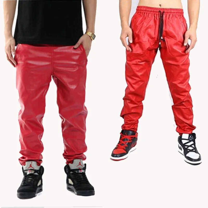 Плюс Размеры черный, красный PU искусственной кожаные штаны Повседневное Jogger хип-хоп брюки Для мужчин мальчиков M-3XL