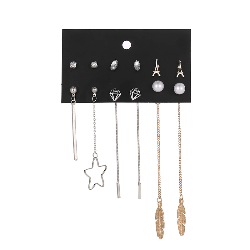 

YANG&RH Punk Fashion Pearl Earrings Set For Women Girls Glass Stone Leaf Star Eiffel Stick Statement Hanging Long Earring Set