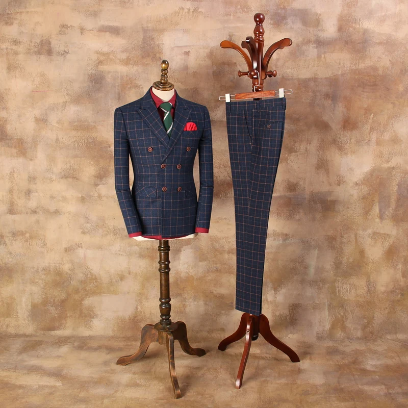 

Mens Fashion Autumn and Winter Slim Blue Plaid Double Breasted Suit Jacket Male Wedding Casual Blazer For Business Wear CBWT072B