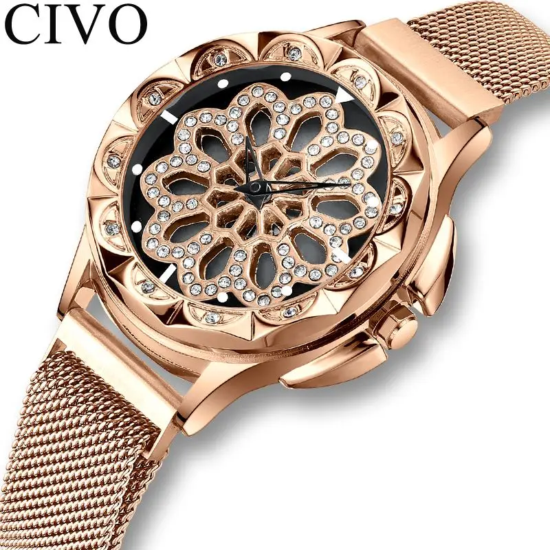 

CIVO Luxury Ladies Casual Watch Rotatable Dial Womens Quartz Clock Dames Kijken Mesh Strap Waterproof Girl Dress Watch Rose Gold