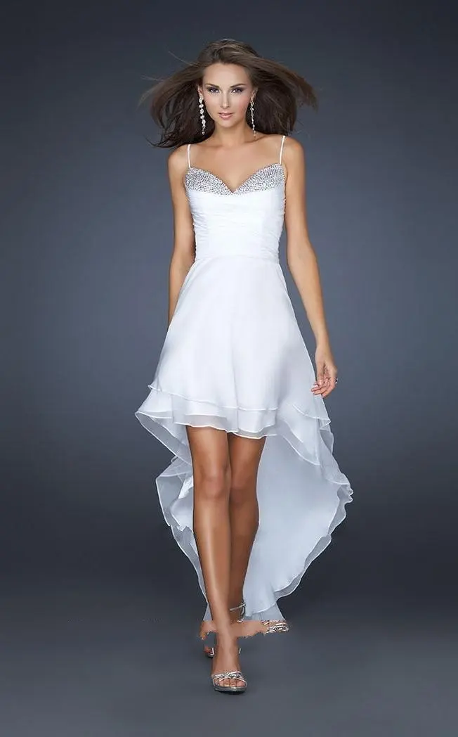Dresses Short In The Front Long In The Back Sexy White A line Spaghetti Strap Front Short and Long Back Chiffon