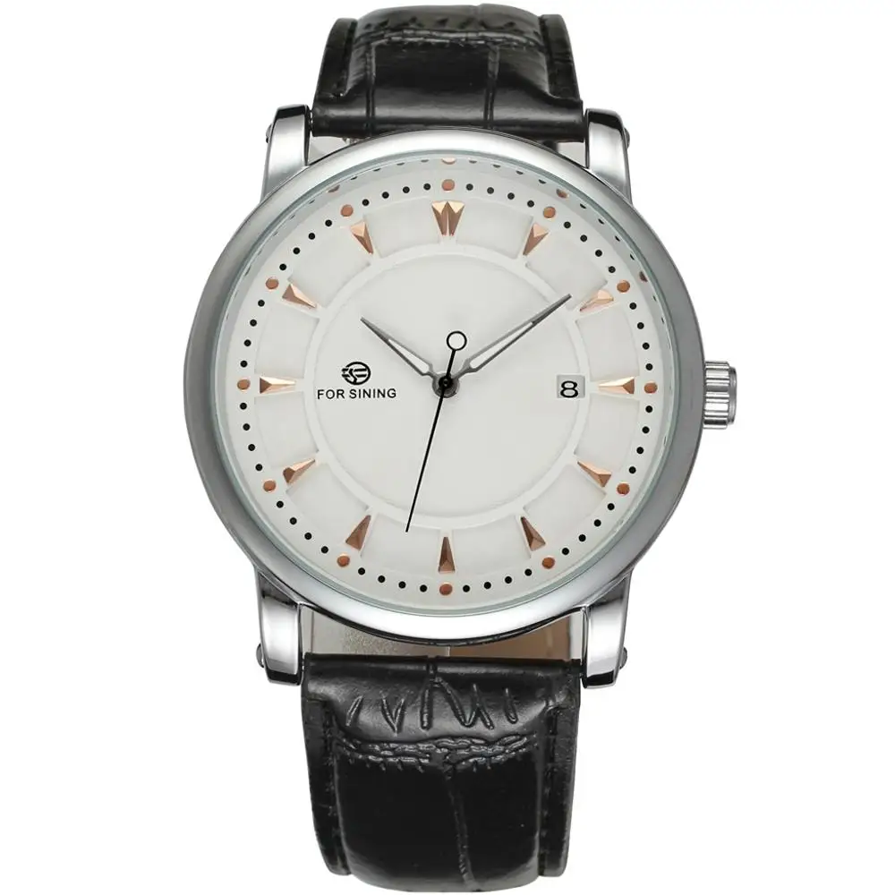 

FORSINING WATCH White classic no number three pointer with calendar dial strap, men's mechanical belt watch