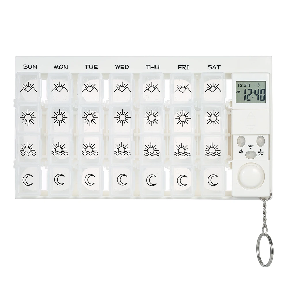 

Carevas 7-Day Pill Box Organizer Timer LED Light Detachable Medicine Reminder Pill Dispenser Planner 28 Beeping Alarm