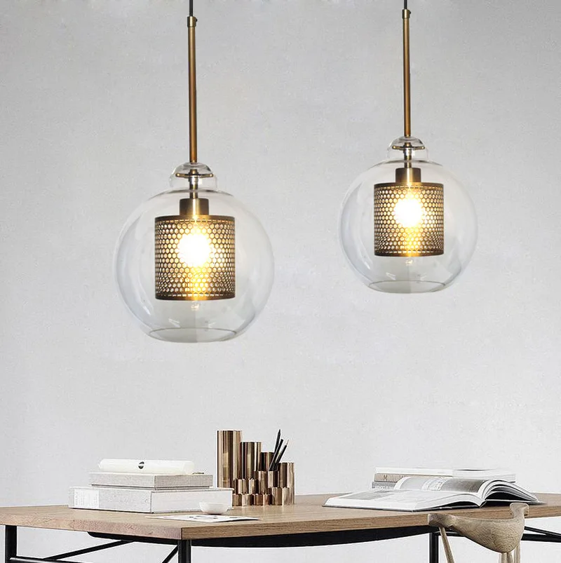 

Metallic Grid Glass Ball Chandelier Loft Industrial Wind Retro Small Chandelier Hotel Restaurant Art Personality Lamps