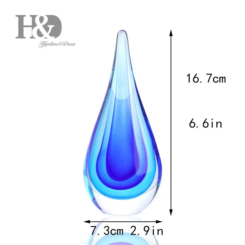 H& D 6,6 ''ручной выдувные стеклянные капли воды орнамент Искусство Современная Статуэтка офисный стол Декор держатели колец пресс-папье, светильник синий