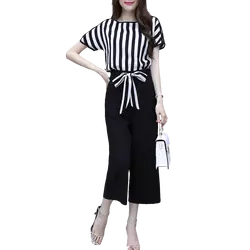 Новая летняя одежда корейская мода шифоновая полосатая блузка Топ и широкие брюки два шт повседневные женские костюмы большой размер