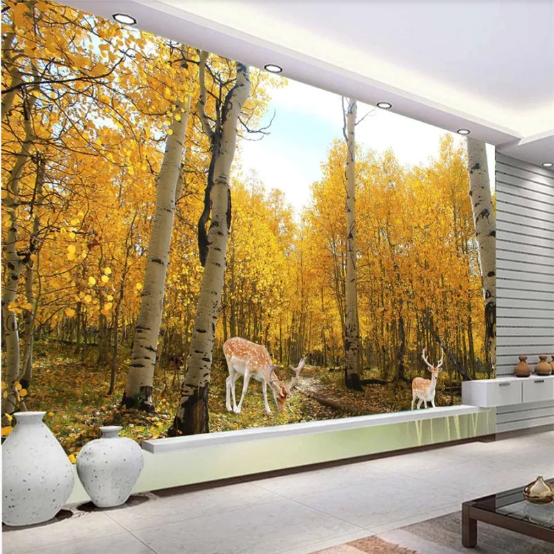 3D фото обои натуральный березовый лес золотые осенние листья Sika Deers Космос