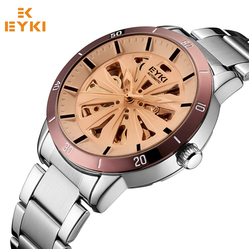

EYKI Mens Watches Top Brand Luxury Automatic Mechanical Self-wind Stereoscopic Skeleton Watch Men Stainless Steel Clock Male
