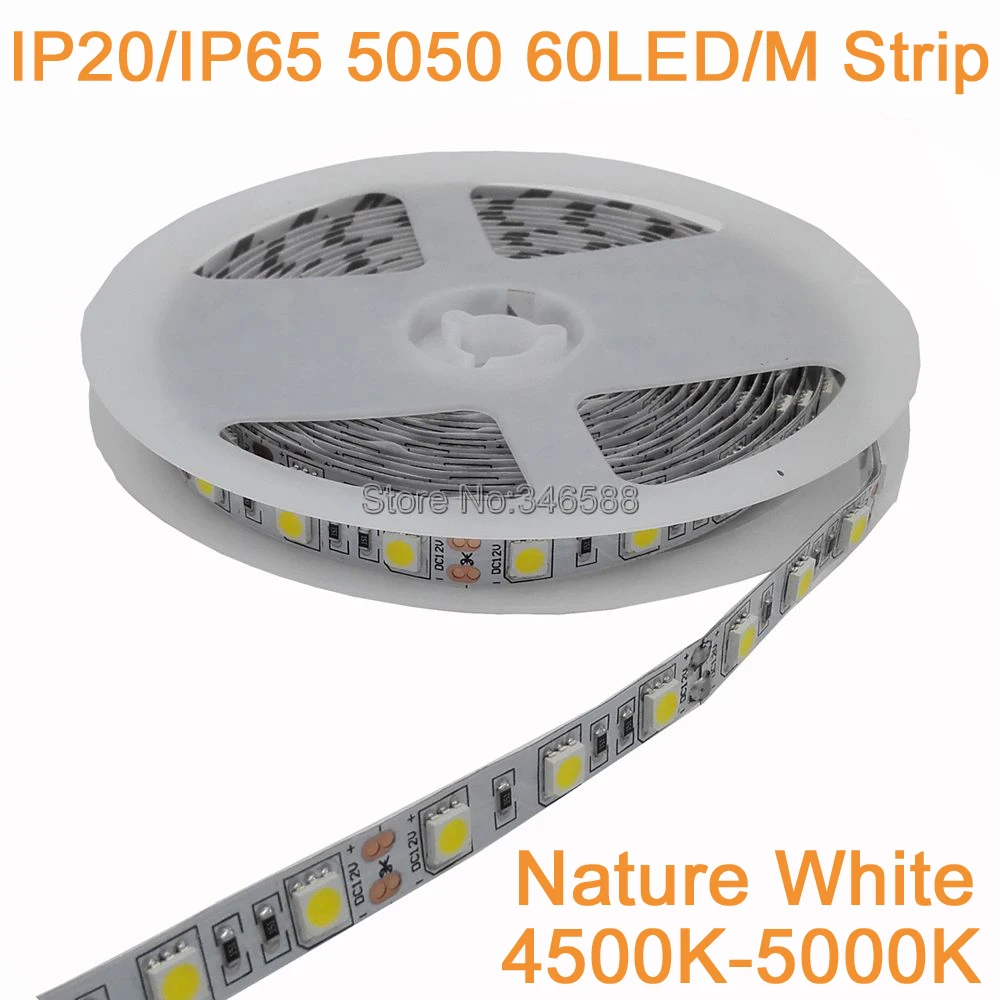 buy DC12V 5M 5050SMD 60LED M 300LEDs Nature Neutral White 4500K 5000K Flexible LED Strip, Optional IP20 IP65 IP67 Waterproof