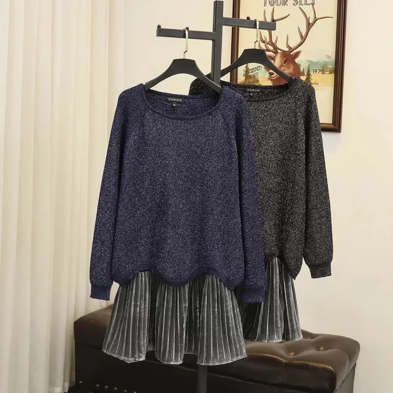 

Ubetoku 2018Autumn Women Bright Silk Hooded Sweater And Ruched Braces Skirt plus size Office Lady Two Sets(TZ9)