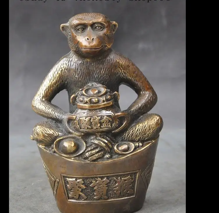 

2722<+Old China Bronze wealth yuanbao Treasure bowl Zodiac animal Monkey lucky statue