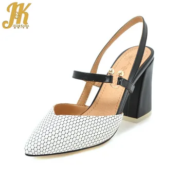 

JK 2018 Summer Hoof Heels Sandals Women Fashion Slip On Dress Shoes Sexy Pointed Toe Girls Footwear Ladies Big Size Shoes Beige