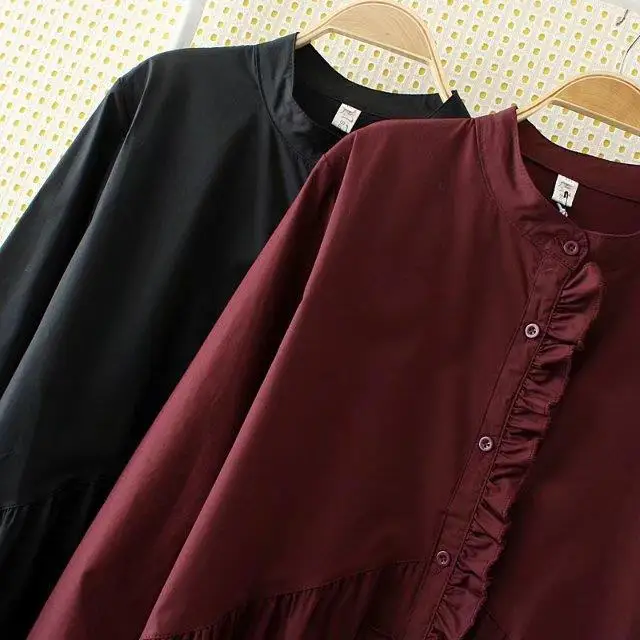 Plus Size 2XL-5XL Loose Women Clothing Long Shirt Long Sleeve Ruffles Shirt Blouse Black Red Button  Feminina Big Size  JZ226 (3)