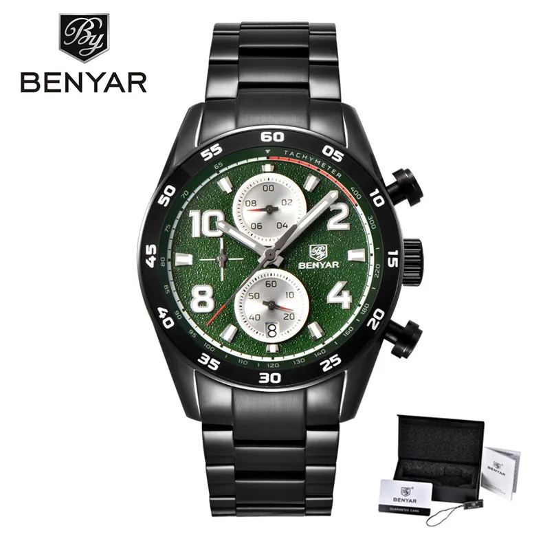 BENYAR нержавеющая сталь светящиеся стрелки водонепроницаемые спортивные хронограф кварцевые мужские часы топ бренды роскошные часы дропшиппинг - Цвет: Steel black green B