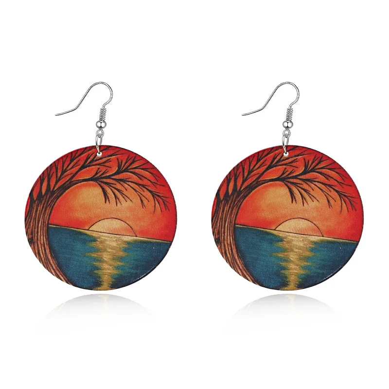 

Dayoff Europe Ethnic Wood Hook Earrings Romantic Sunrise Long Eardrop Women Jewelry Sunset Landscape Painting Hook Earring E200
