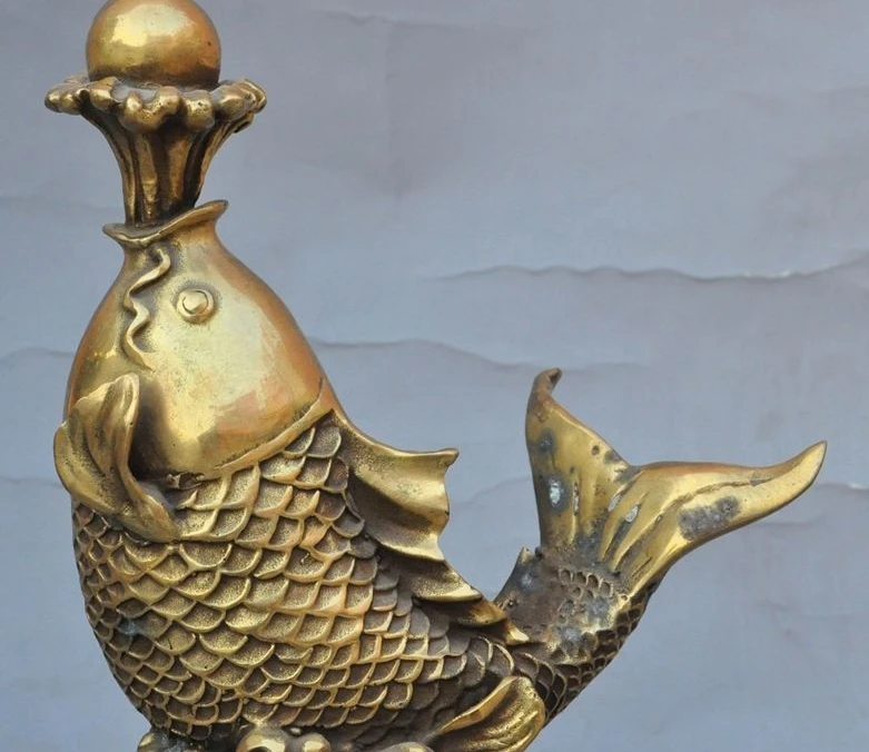 10 "китайский фэншуй бронзовый Благоприятный богатство золотая рыбка рыба Thomsonae лаки статуя