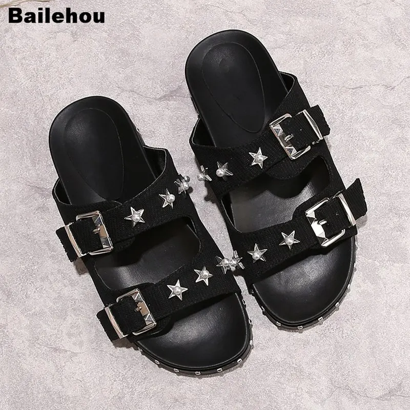 

2019 New Women Summer Slippers Rivet Slingback Slippers Platform Spiked Sandals Stud Concise Flat Shoes Beach Flip Flops Slipper