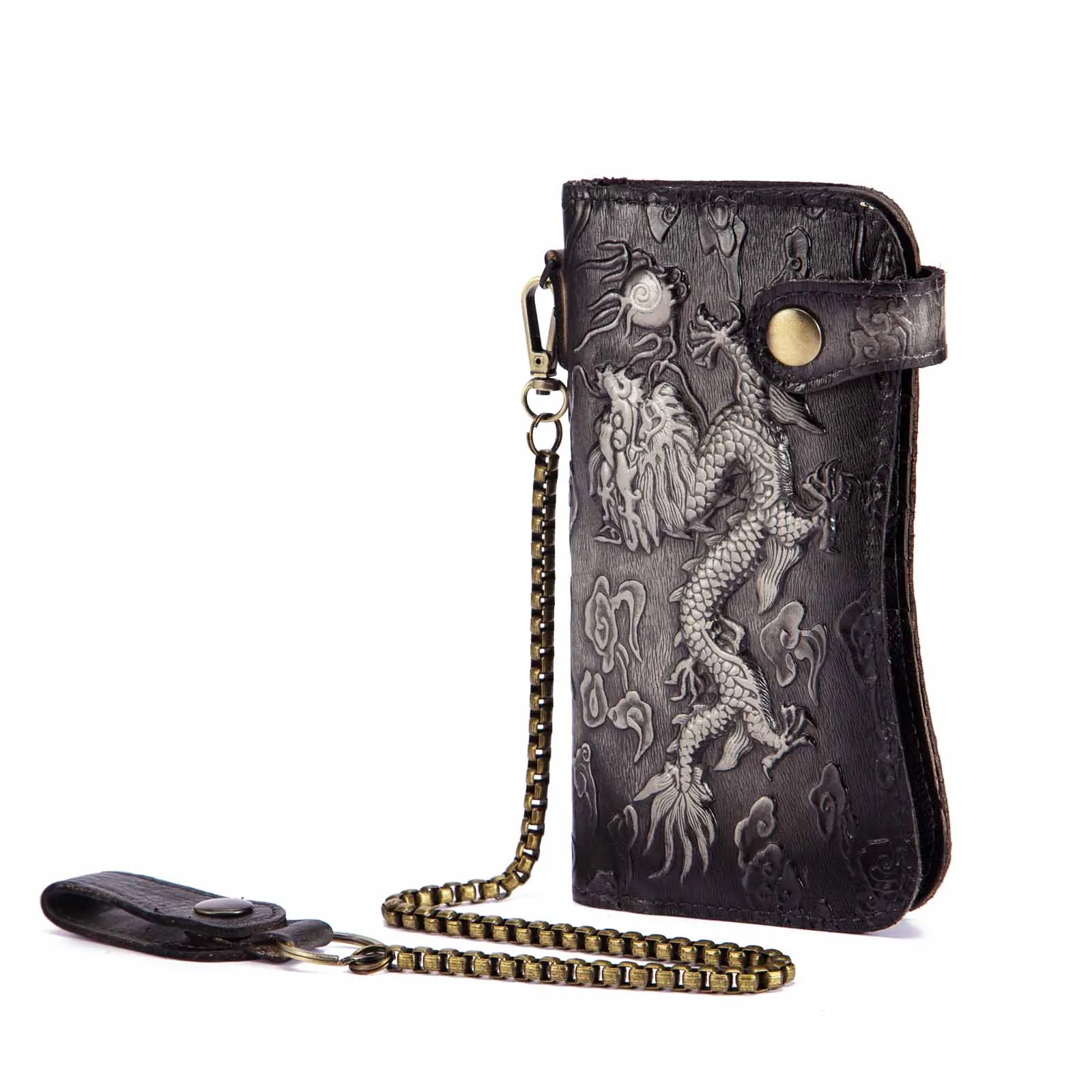 Качественный мужской кошелек из натуральной кожи, модная Чековая книжка, органайзер на железной цепочке, кошелек, сумочка-клатч 1088-GT - Цвет: Black 2-dragon