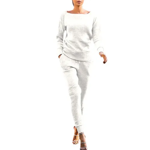 JAYCOSIN Для женщин Комплект одежды однотонные Цвет комплект из двух предметов, свитер с длинными рукавами топ и длинные штаны осень-зима спортивный костюм для Для женщин - Цвет: WH