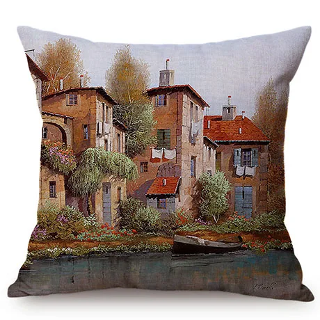 Beautiful Countryside Scenery Happy Cottage Childhood Memory Oil Painting Home Decor Throw Pillow Case Sofa Chair Cushion Cover K120-4