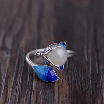 

HFANCYW S925 Silver Fashion Female Blue Enameling Natural Hetian Jade Fox Ring Vintage Thai Silver Girl Wife Jewelry Wholesale