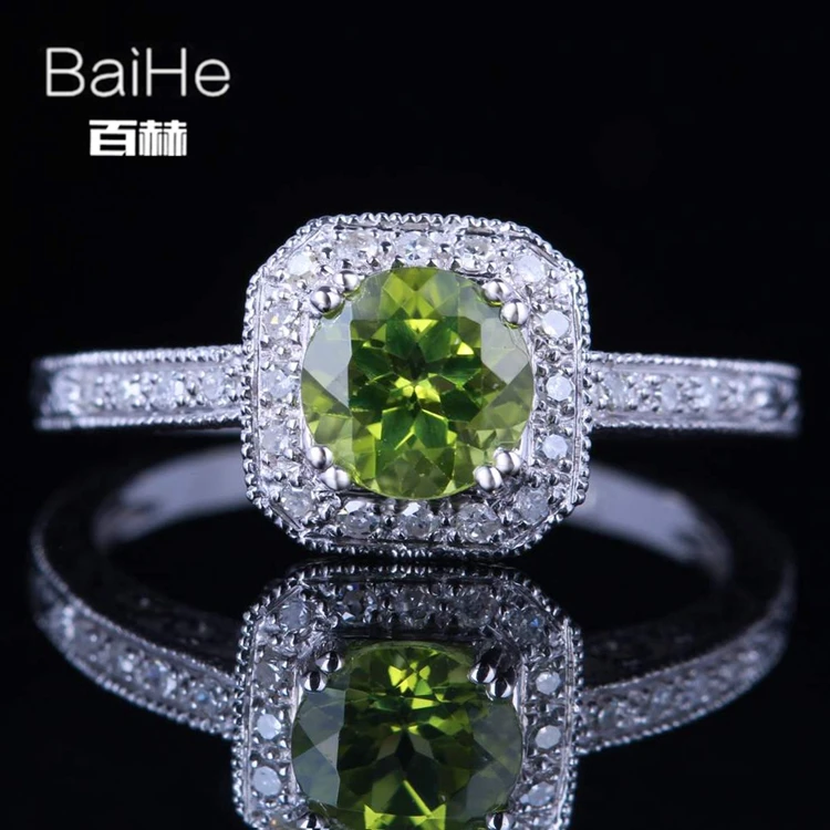 BAIHE Solid 14 К из белого золота(AU585) 0.84CT Сертифицированный Зеленый/Flawless круглый оригинальные Перидот Свадебные Для женщин Мода кольцо