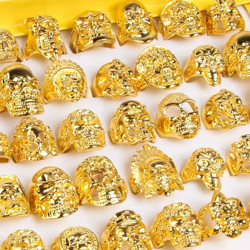 20pcs Top Gothic Punk Assorted Skull Style Sports Bikers ring Lady/men's Vintage unique gold Jewelry Rings wholesale 17-22mm | Украшения