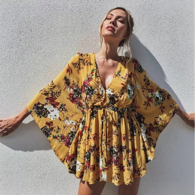 

Women's Deep V Bodycon Printed Flowers SunDress with Sashes Beach Dress