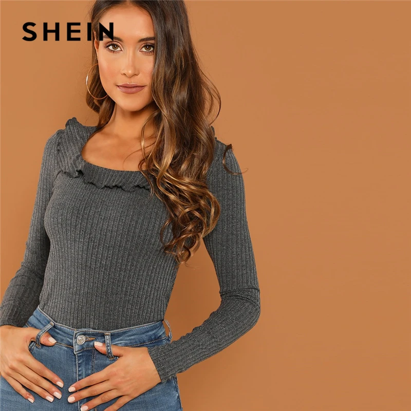Kopen SHEIN Moderne Lady Grey Slim Fit Hals Ruffle Hals Geribbelde Truien T shirt 2018 Herfst Campus Vrouwen T shirt Top