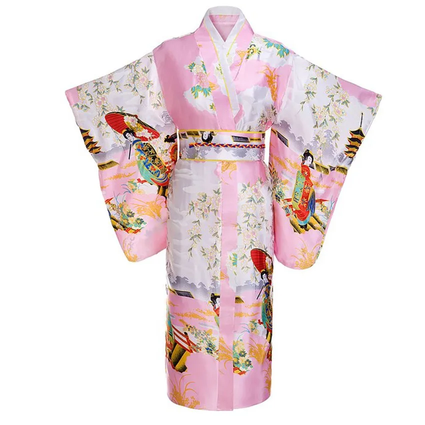 Винтажные вечерние платья, женское сексуальное атласное кимоно юката с Obi, платье для танцев, японский костюм для косплея, один размер - Цвет: pink