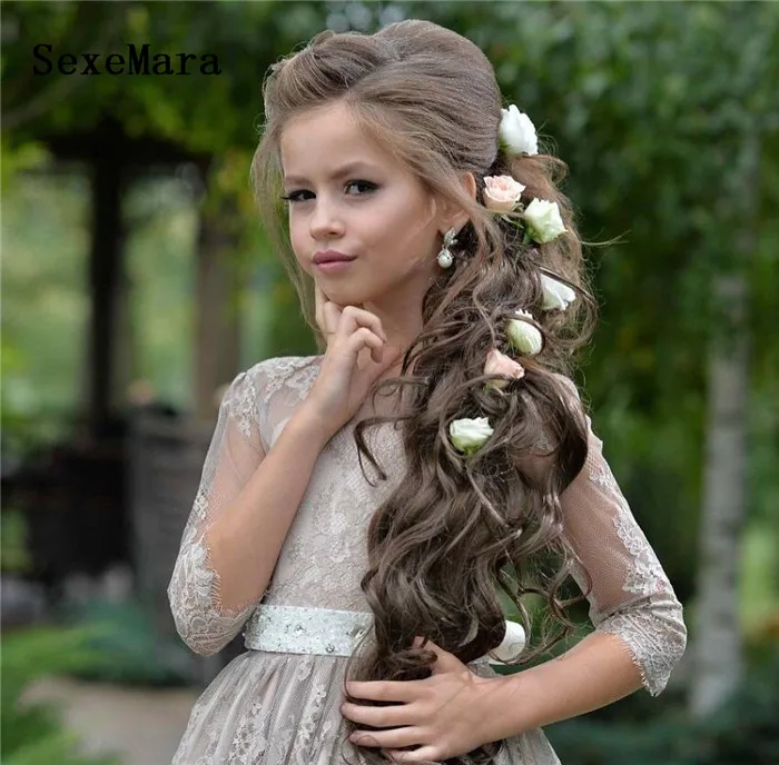 Gray Flower Girl Dresses for Wedding Lace Princess Floor Length A Line Long Sleeves Pageant Party Gown For Kids Birthday Gown