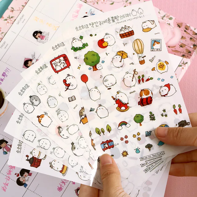 6 Pcs Molang Cartoon Rabbit Decorative Stickers Mobile Phone Stickers Stationery Diy Album Stickers Material Escolar Kawaii