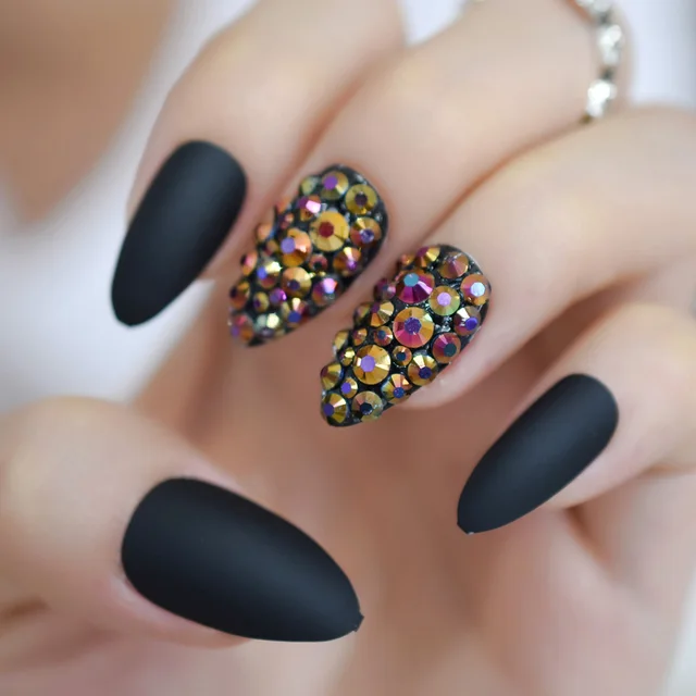 Black Rhinestone Sexy Fake Nail Almond Medium Manicure ...