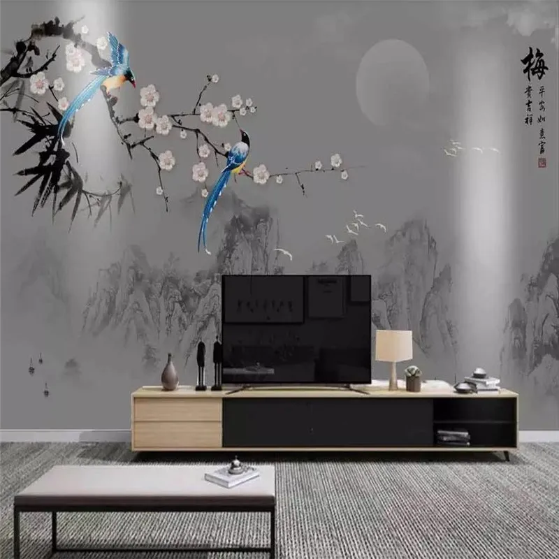 

Professional production wallpaper mural ink landscape water plum magpie flower background wall cloth thickening