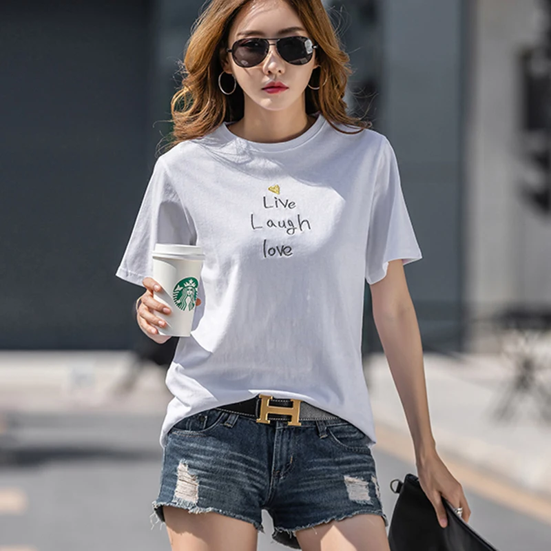 

Soperwillton Women T Shirt 2019 Summer T-Shirt Casual Tshirt Woman Cotton Top Ladies Solid Short Sleeve Embroidery Tee White 2XL