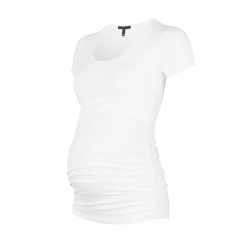 Летние шорты с длинными рукавами Обёрточная бумага вокруг топы для беременных с круглым декольте лайкра беременных Для женщин Футболка живота поддержки Беременность майки - Цвет: Белый