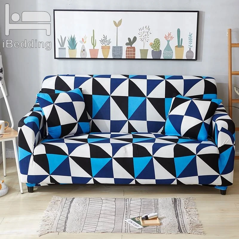 Blue White Plaid Elegant Elastic Sofa Protector Cover for Living Room