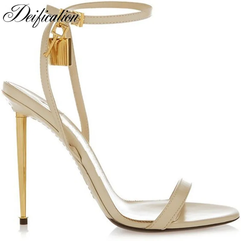 

Deification Sexy Strap High Heels Women Sandals Open Toe Metal Heels Women Shoes Rome Style Ankle Strap Gold Padlock Women Pumps