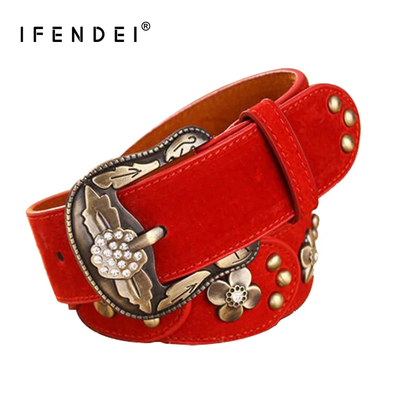 

IFENDEI Diamond Red Leather Belt Fashion Rivets Flower Belts For Women's Jeans Suede Leather Black Strap Floral Pin Buckle Belts