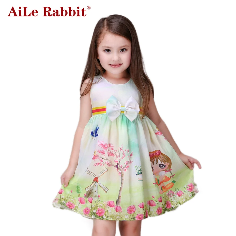 

AiLe Rabbit New Girl dress kids print dresses tree windmill Bow for kids clothing children party dress size girls summer clothes