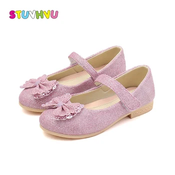 

Children's girls pink dress shoes 2018 autumn new kids fashion shoes for girl bow sequins soft bottom princess shoes gold silver