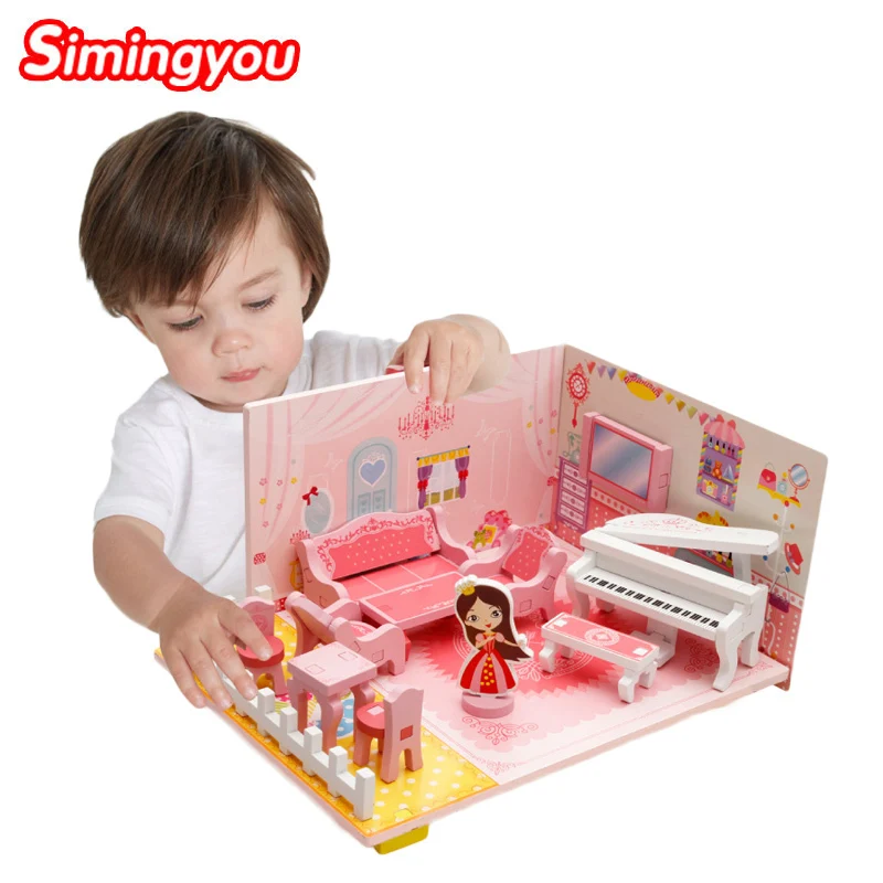 

Simingyou Toys For Children DIY Building House With Light Living Room Wooden 3D Puzzle A50-Z02 Drop Shipping
