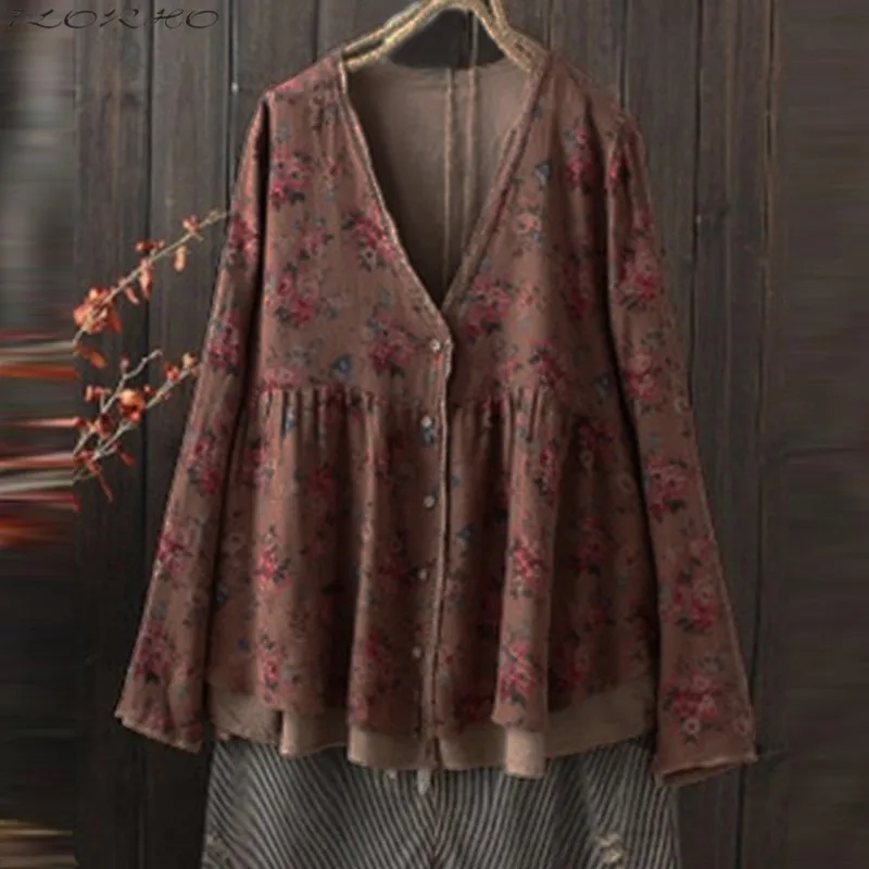  FLORHO Women Floral Blouse Vintage Lace Shirt V-Neck Female Button Cardigan Cotton Shirt Floral Top
