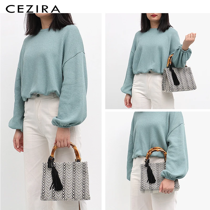 CEZIRA صغيرة أزياء السيدات حمل أكياس نسيج القطن الخيزران حقائب بيد للنساء شرابة أعلى-حقائب بيد البوهيمي الفتيات حقائب