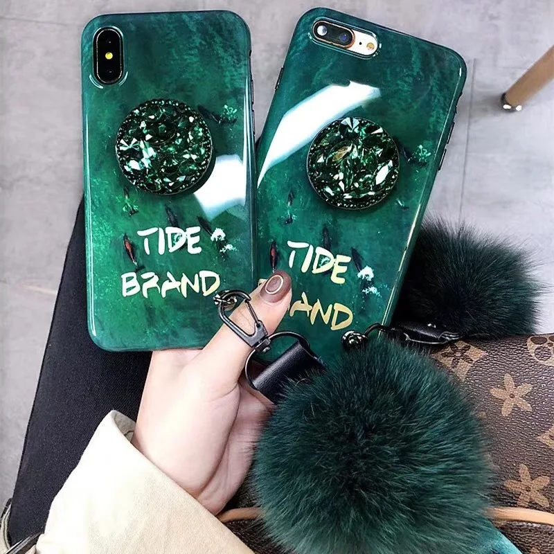 Luxury Rhinestone Airbag Holder Shell Plush Hair Ball Hand Strap For iPhone X XS Max Mobile 8 7p 6s Lady Green Phone Case |